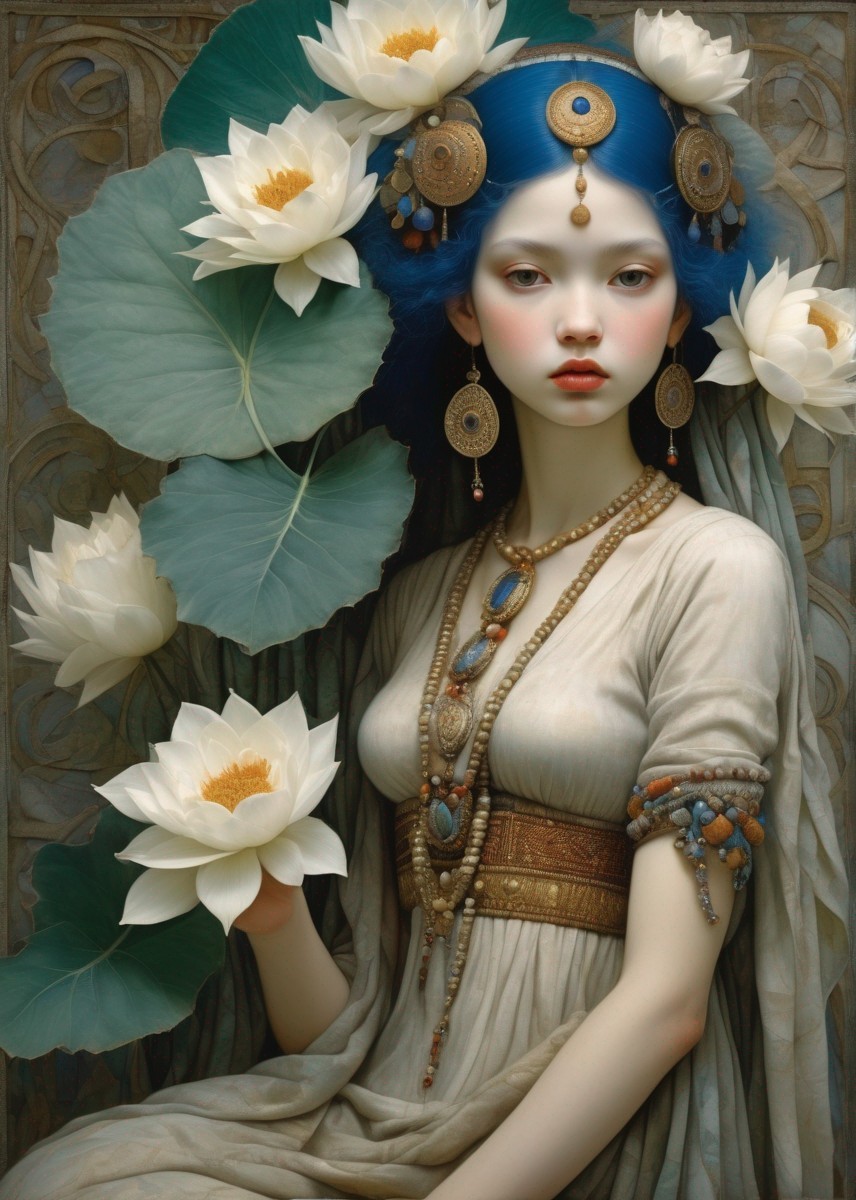 Ethereal woman with blue head jewels and gold accessories among white lotus flowers.