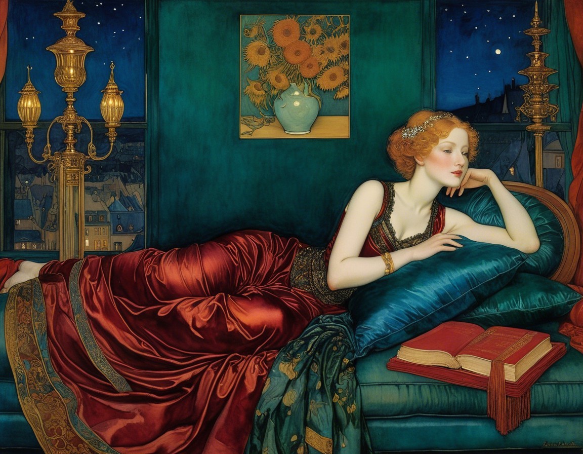 Woman in Red Gown Lounging on Plush Couch at Night
