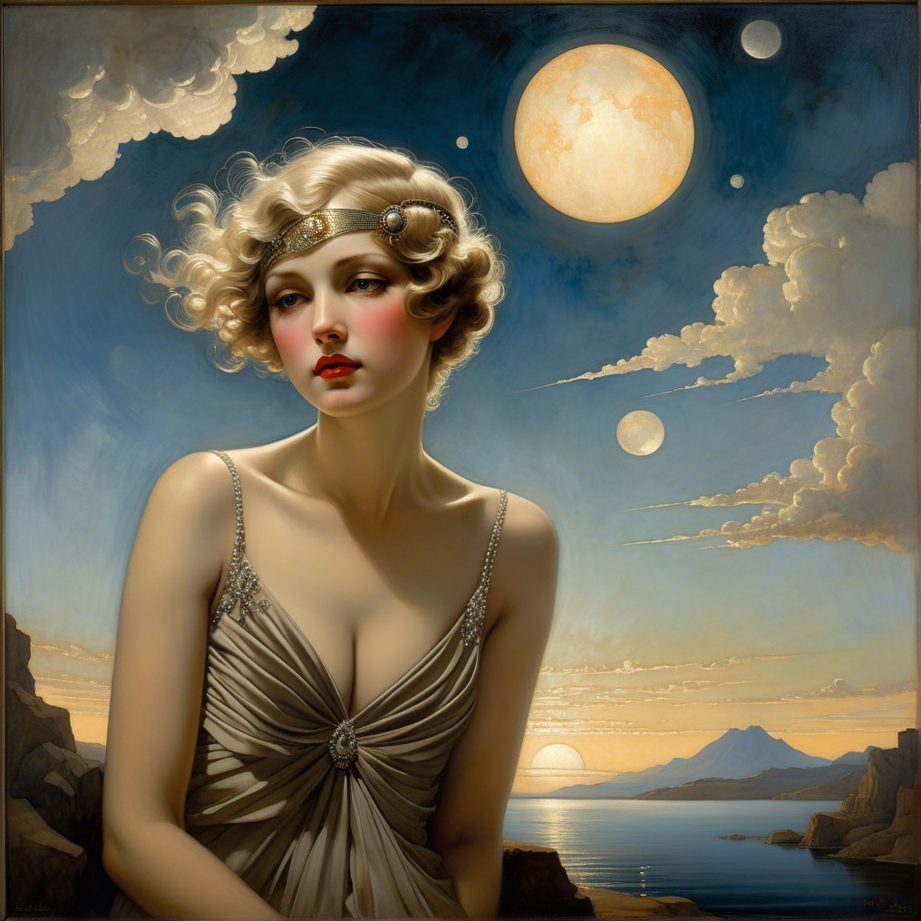 Ethereal Woman in Silver Dress Against Surreal Landscape