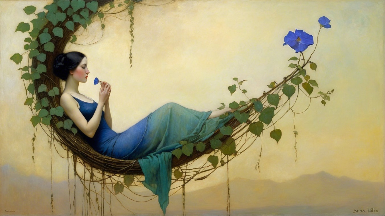 Serene Woman in Blue Dress on Curved Vine with Flower