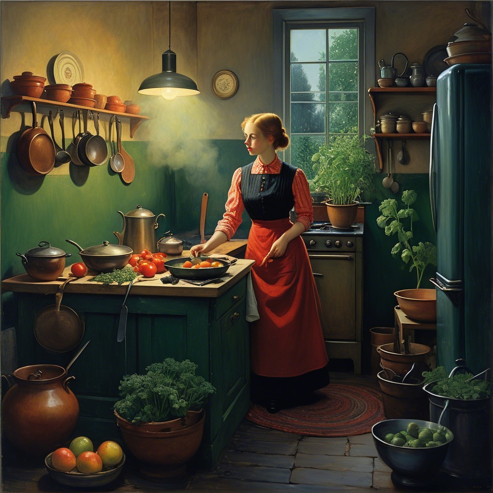 Vintage Kitchen Scene with Meal Preparation and Warm Light