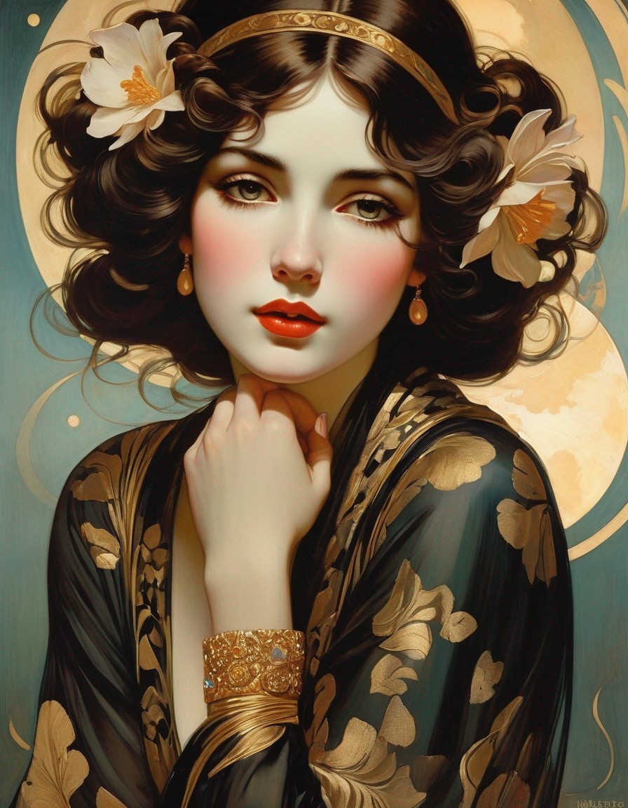 Woman with Curly Hair and Floral Adornments