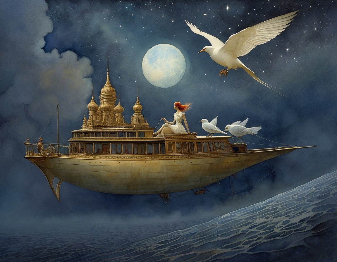 Golden Ship in Starry Sky with Flowing Red-Haired Woman