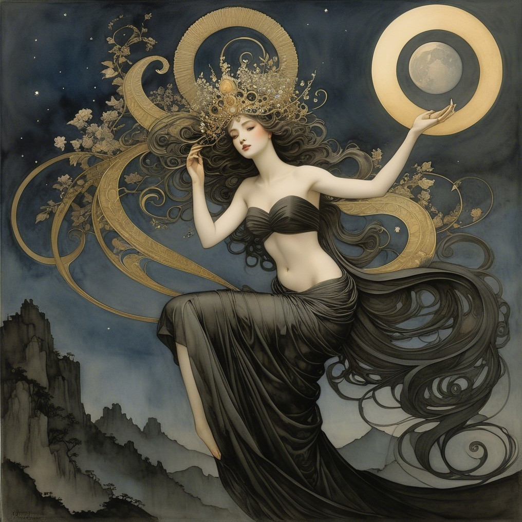 Serene Figure with Crescent Moon in Starry Night Sky