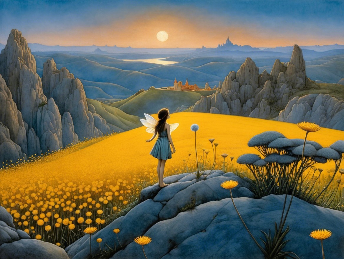 Young girl with wings overlooking a golden landscape