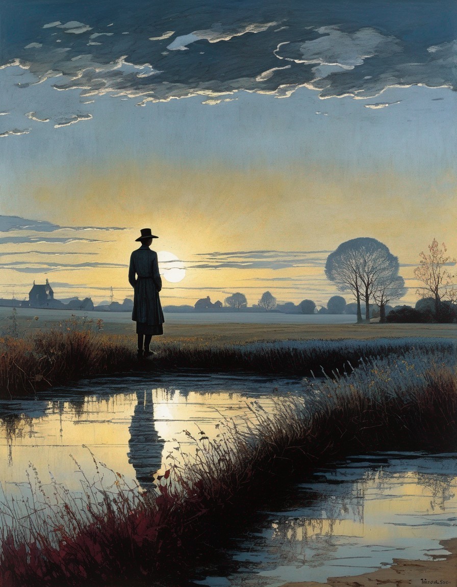 Silhouetted figure at sunset with reflection on water and village backdrop