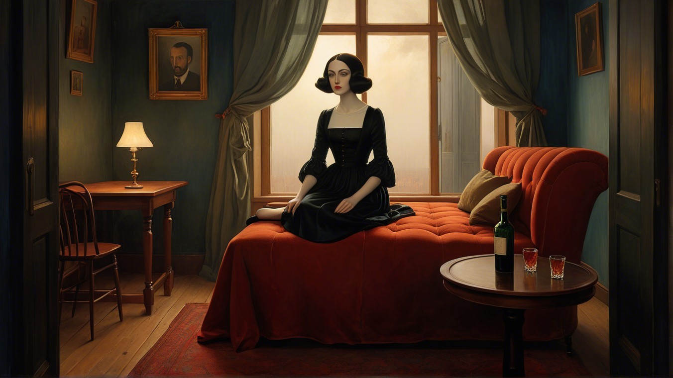 Elegant Woman in Black Gown in Dimly Lit Room