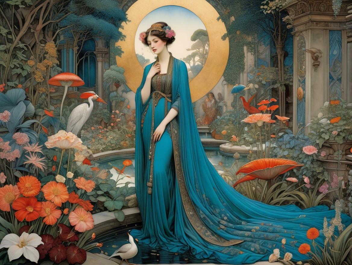 Serene Figure by Tranquil Pond with Nature Elements
