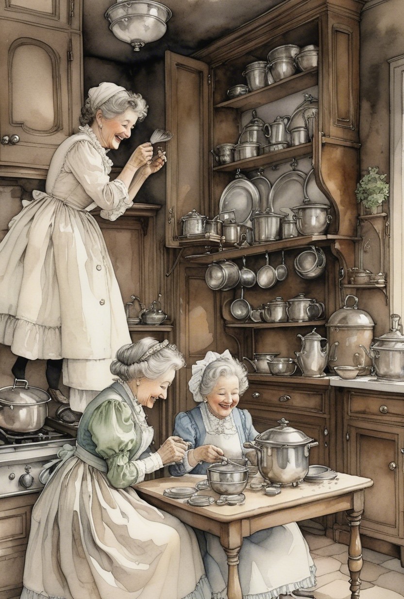 Elderly Women Cooking in a Vintage Kitchen Setting