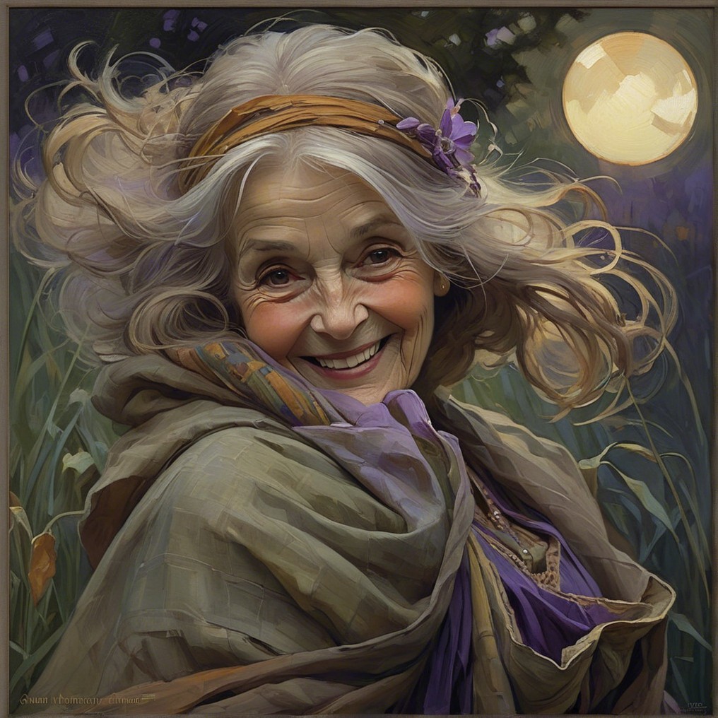 Joyful older woman in nature with floral headband