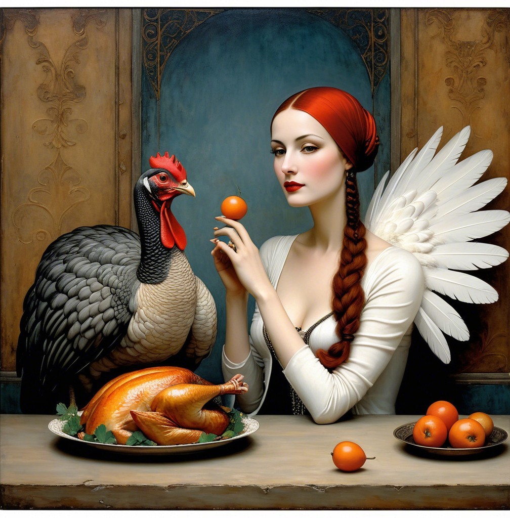 Woman with Red Hair and Wings at a Feast Table
