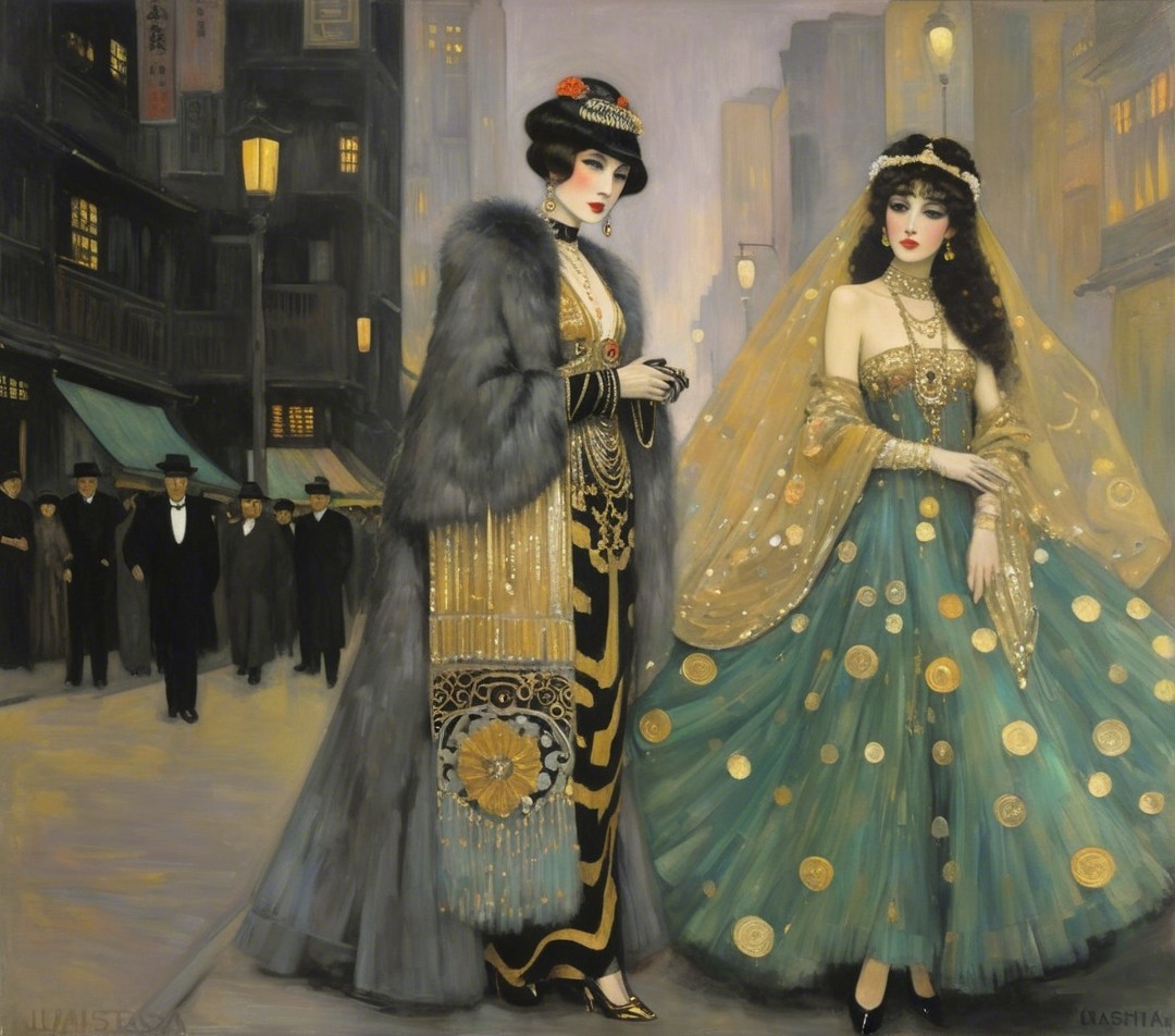 Vintage Fashion of Two Women in 1920s Street Scene