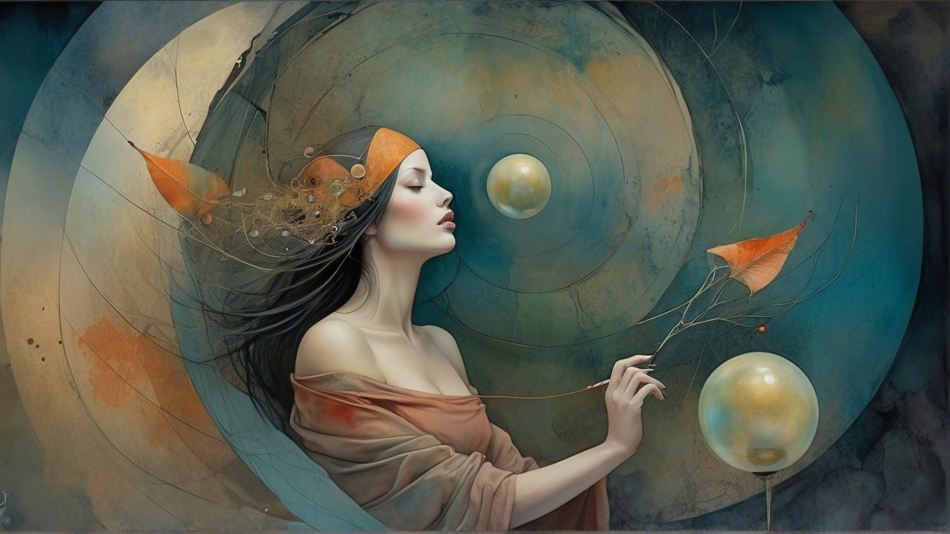 Serene Woman Surrounded by Nature and Ethereal Patterns