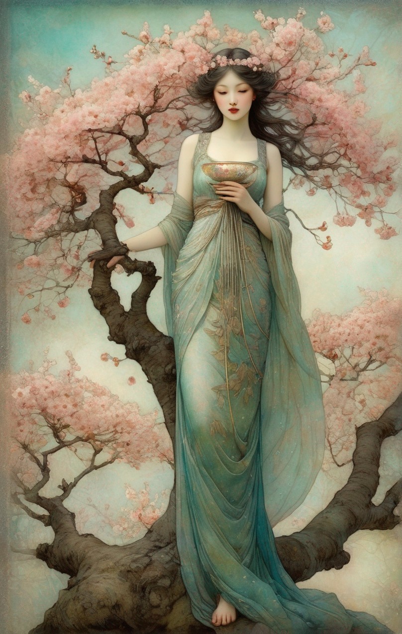 Ethereal woman in green gown by cherry blossom tree with glowing vessel