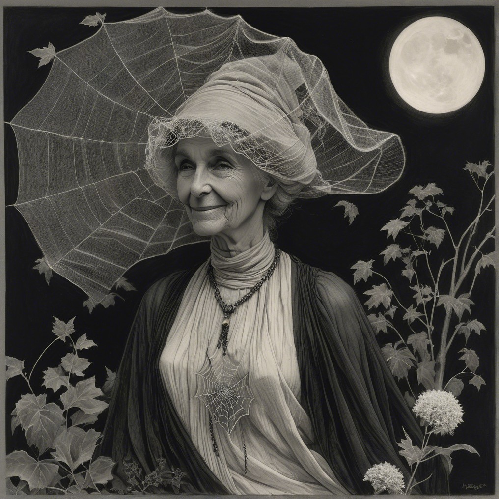 Elderly Woman in Vintage Dress with Spiderweb and Moon