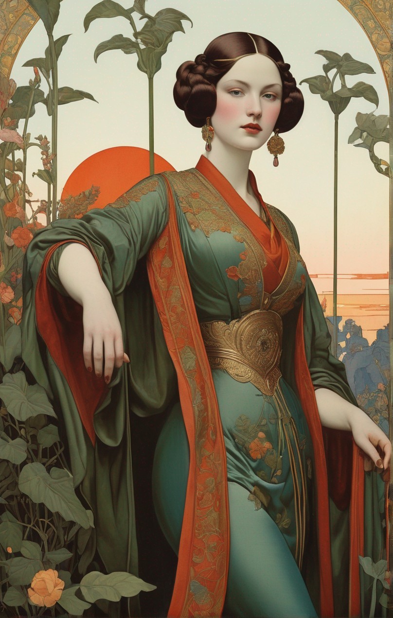 Elegant Woman in Flowing Gown Surrounded by Nature