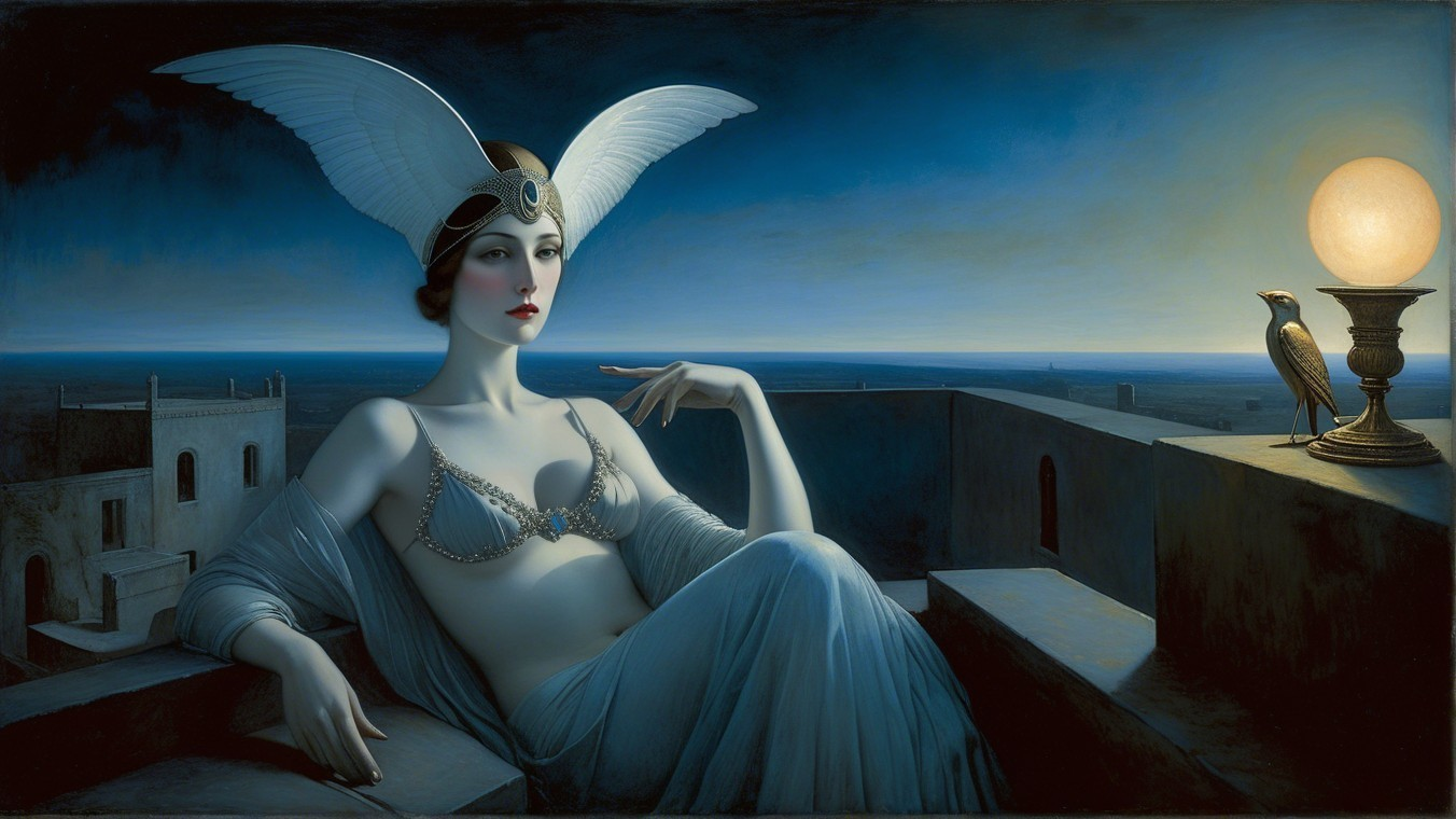 Reclining Figure with Wings on Stone Ledge at Dusk