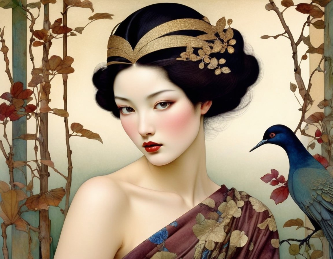 Illustration of East Asian Woman with Bluebird in Autumn