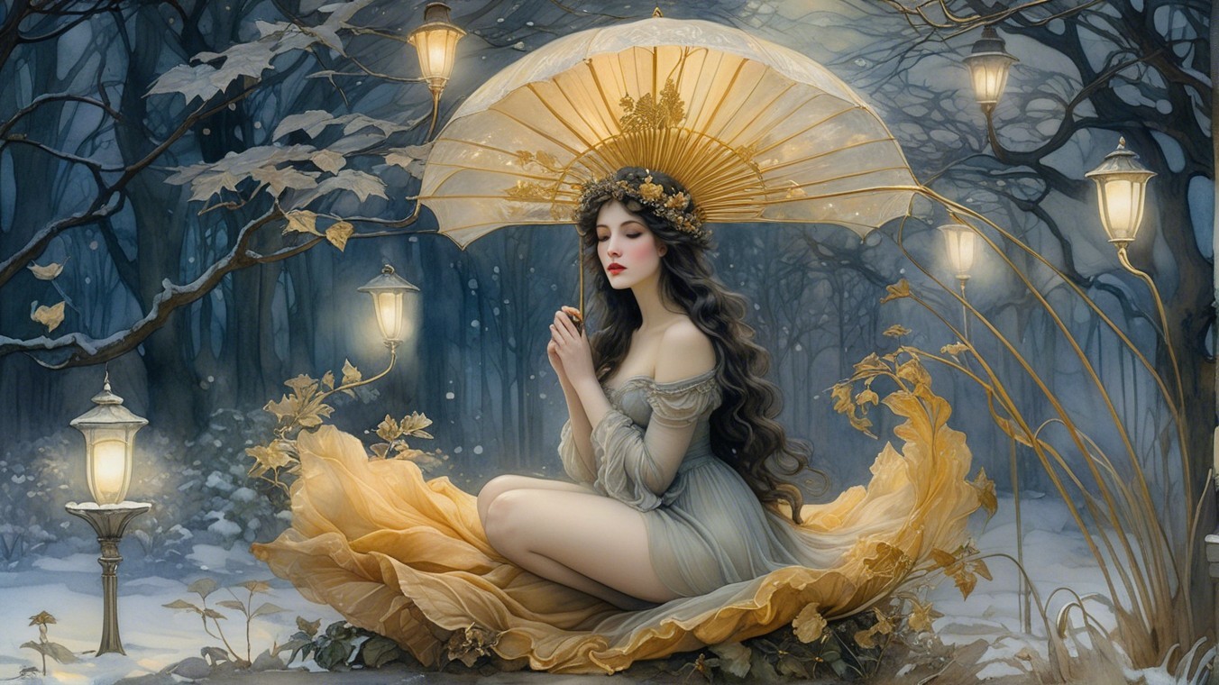 Serene Figure Under Golden Parasol in Winter Scene