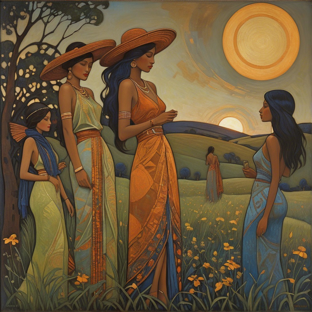 Five Women in Elegant Gowns in Serene Landscape