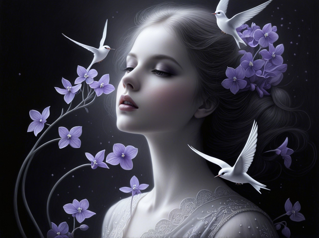 Digital Artwork of Young Girl with Birds in Flight