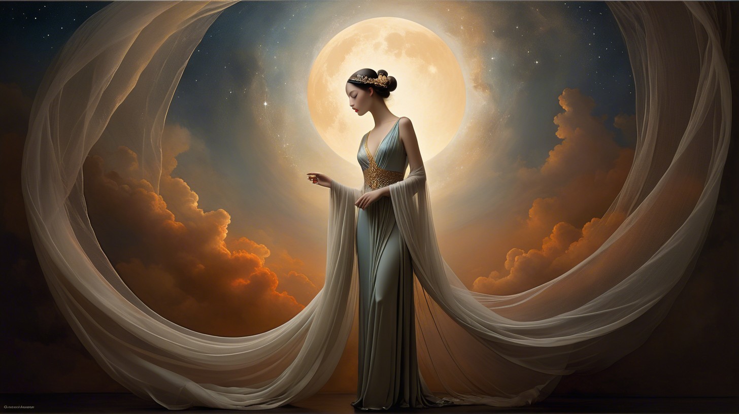 Young Woman in Light Blue Attire in Surreal Landscape