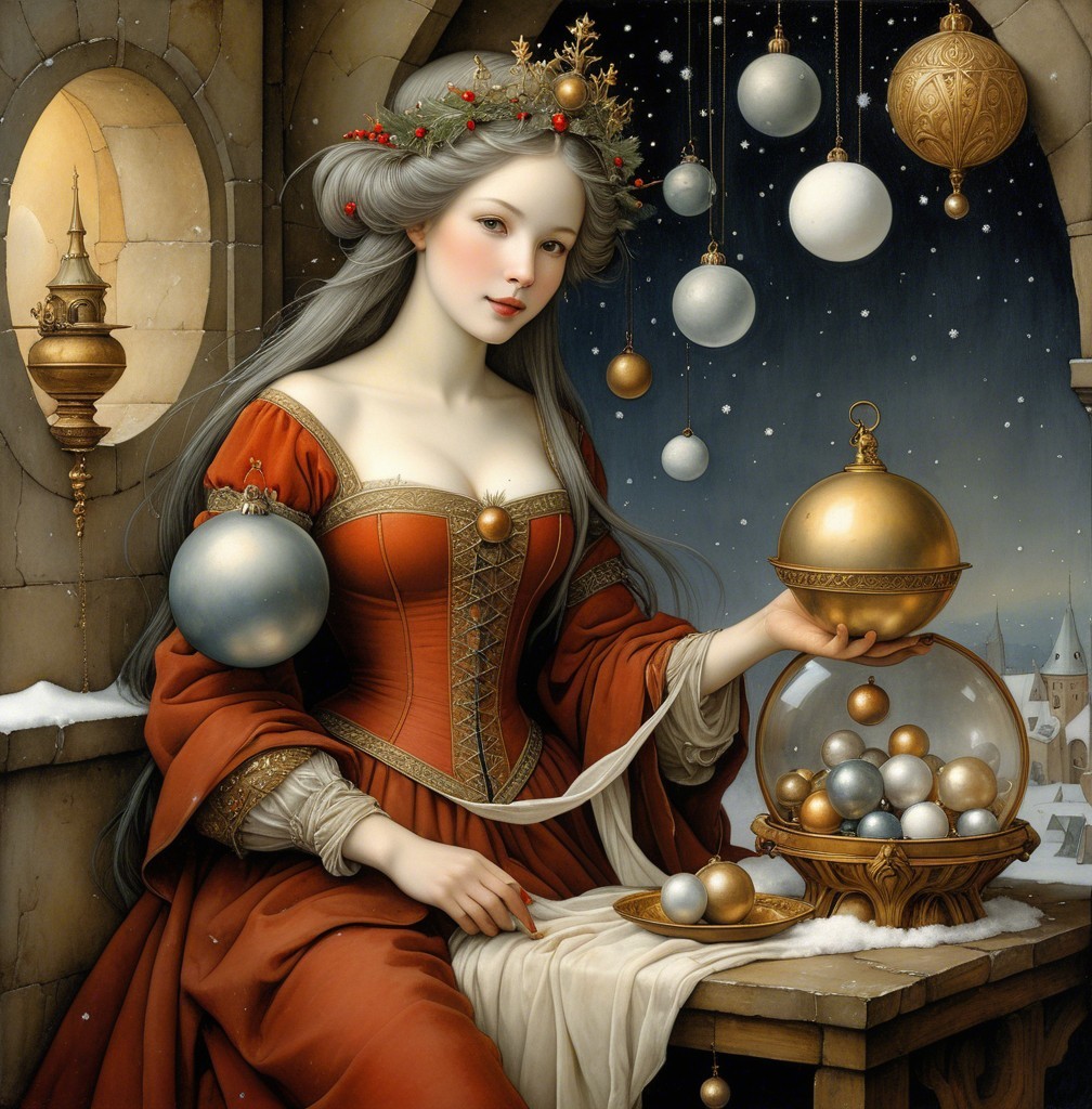 Woman in Red Gown by Window with Winter Scene