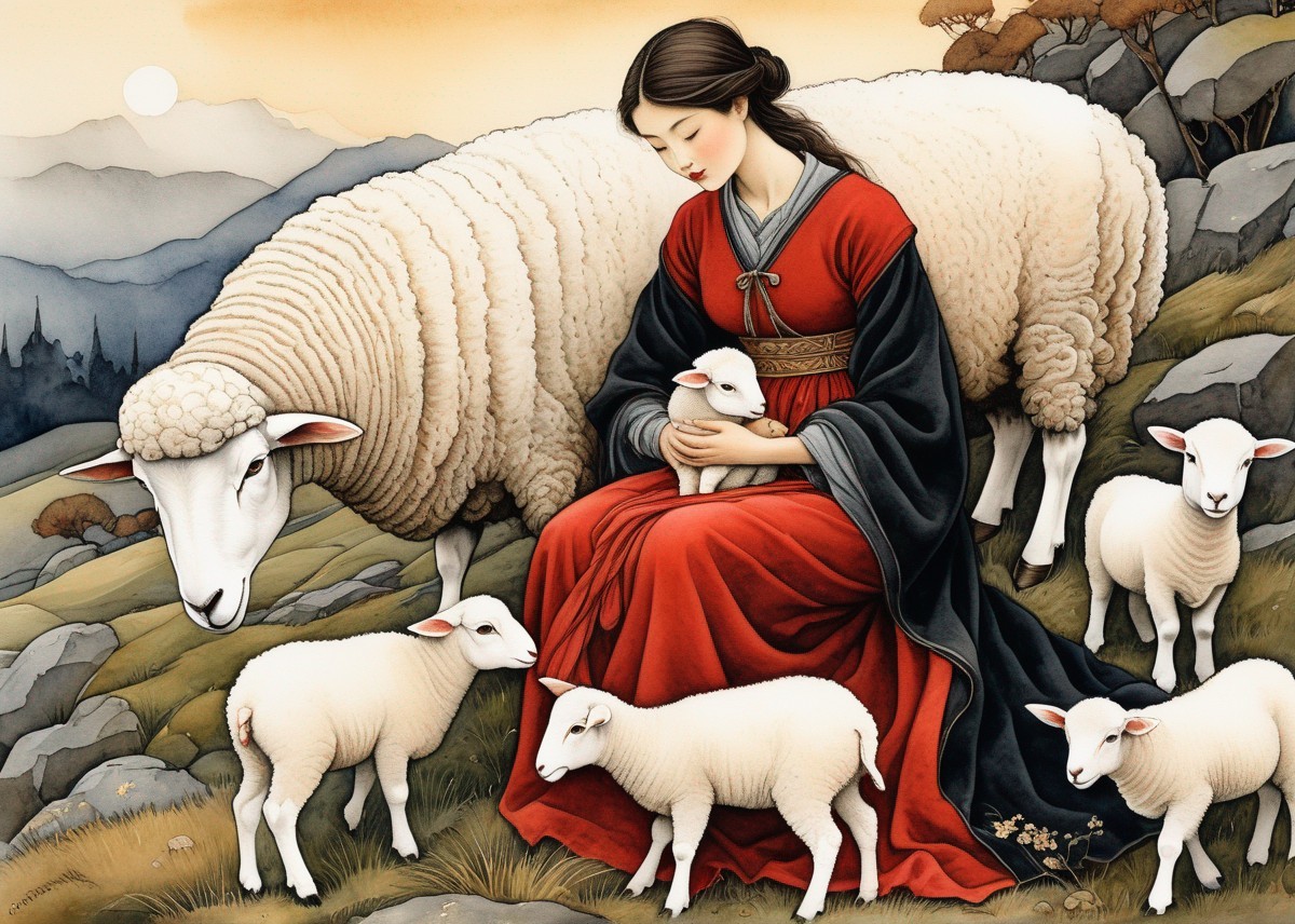 Woman in Red Attire with Lamb in Pastoral Scene
