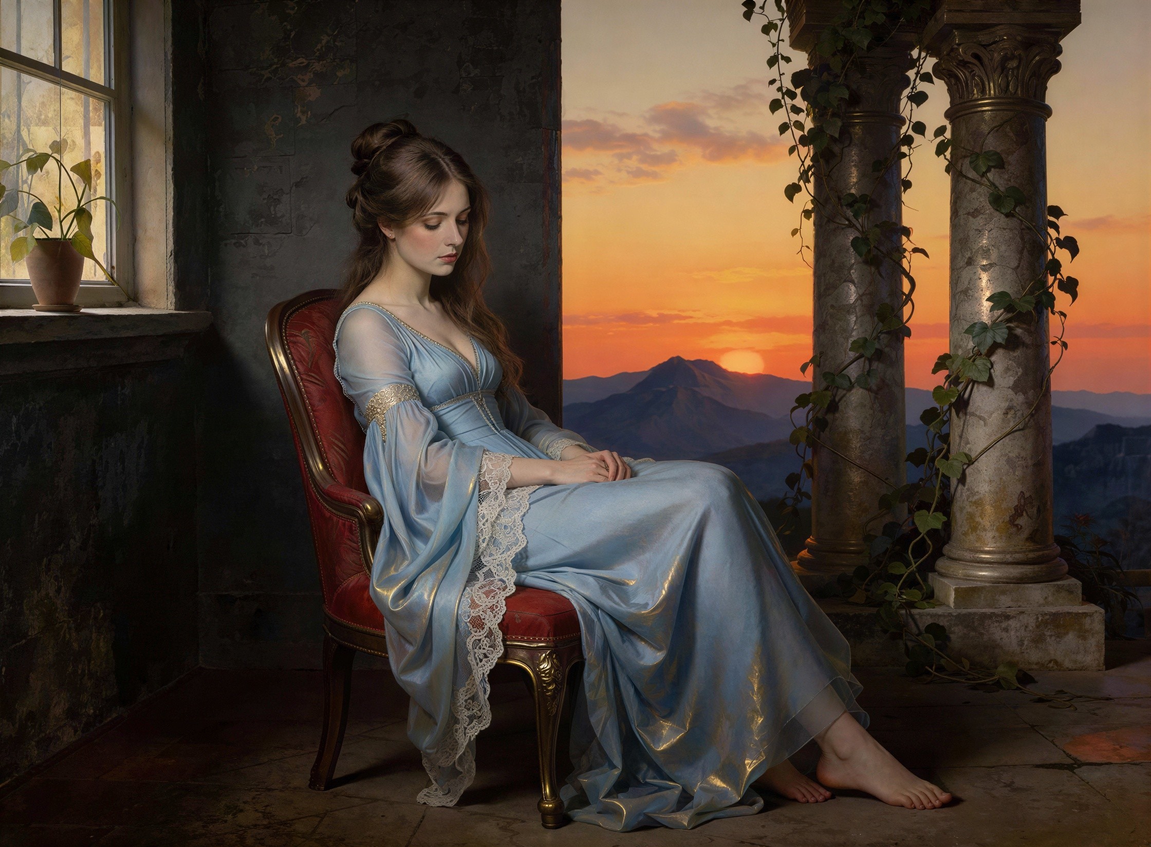 Renaissance Oil Painting of Woman in Blue Dress