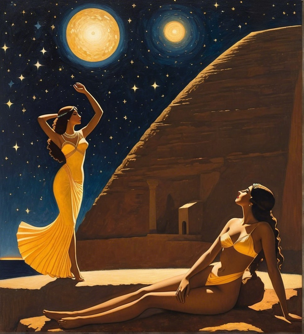 Elegant Women in Yellow Attire Under Starry Night Sky