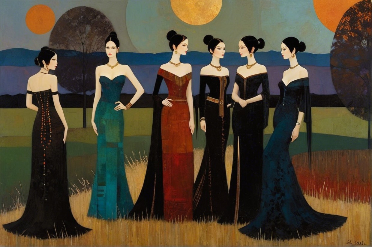 Elegant Women in Unique Gowns Against Sunset Landscape
