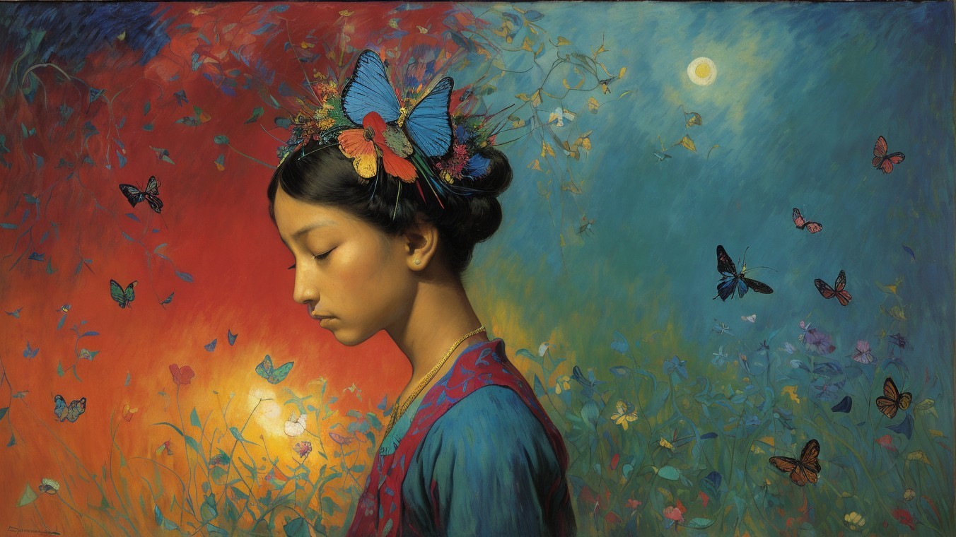 Young girl in floral headpiece with butterflies