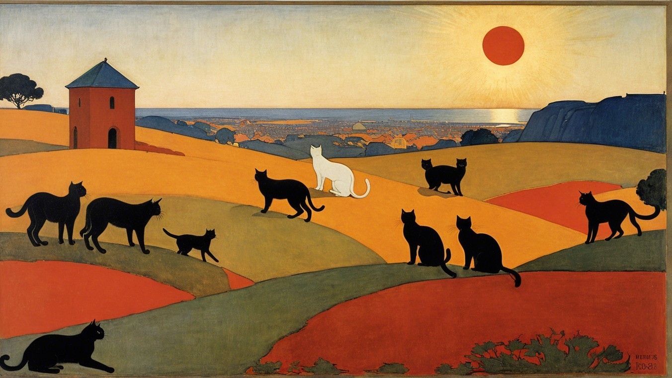 Vibrant Sunset Landscape with Cats and Tower