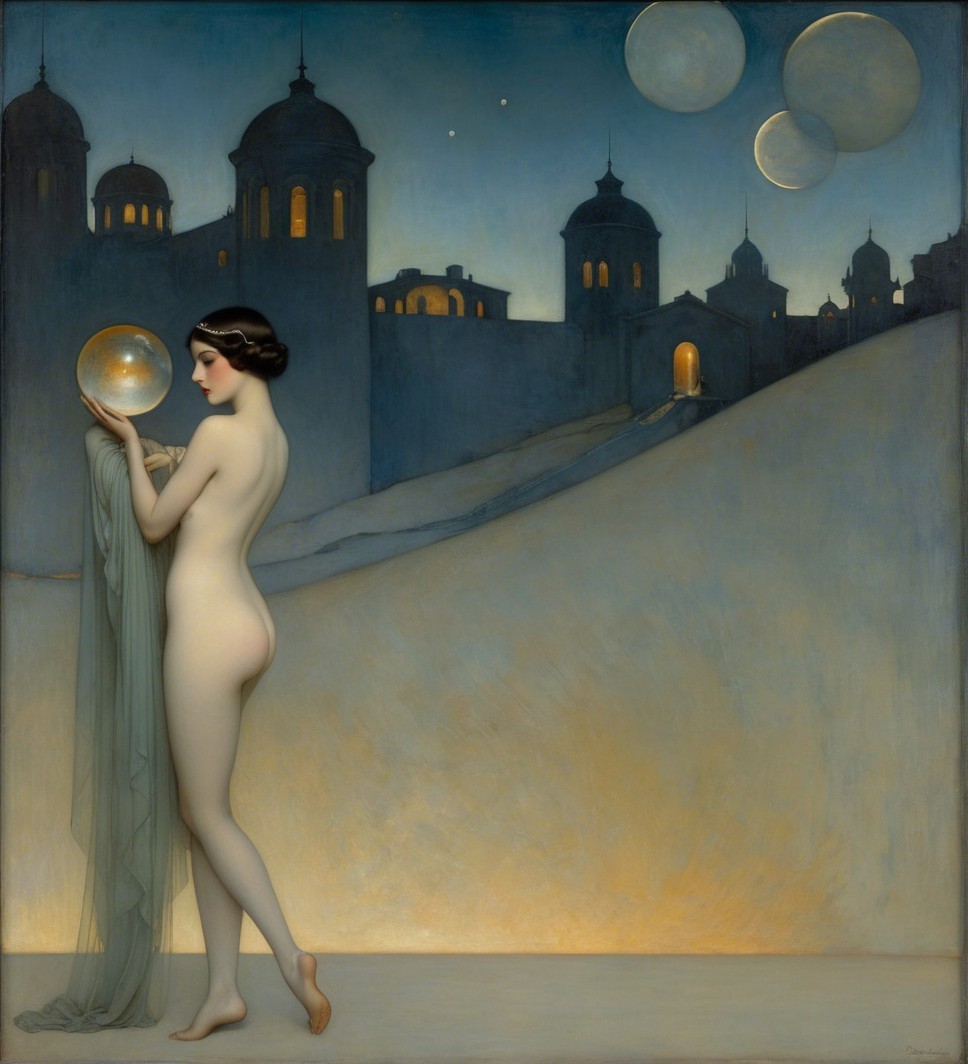 Nude Figure with Crystal Orb in Twilight Landscape