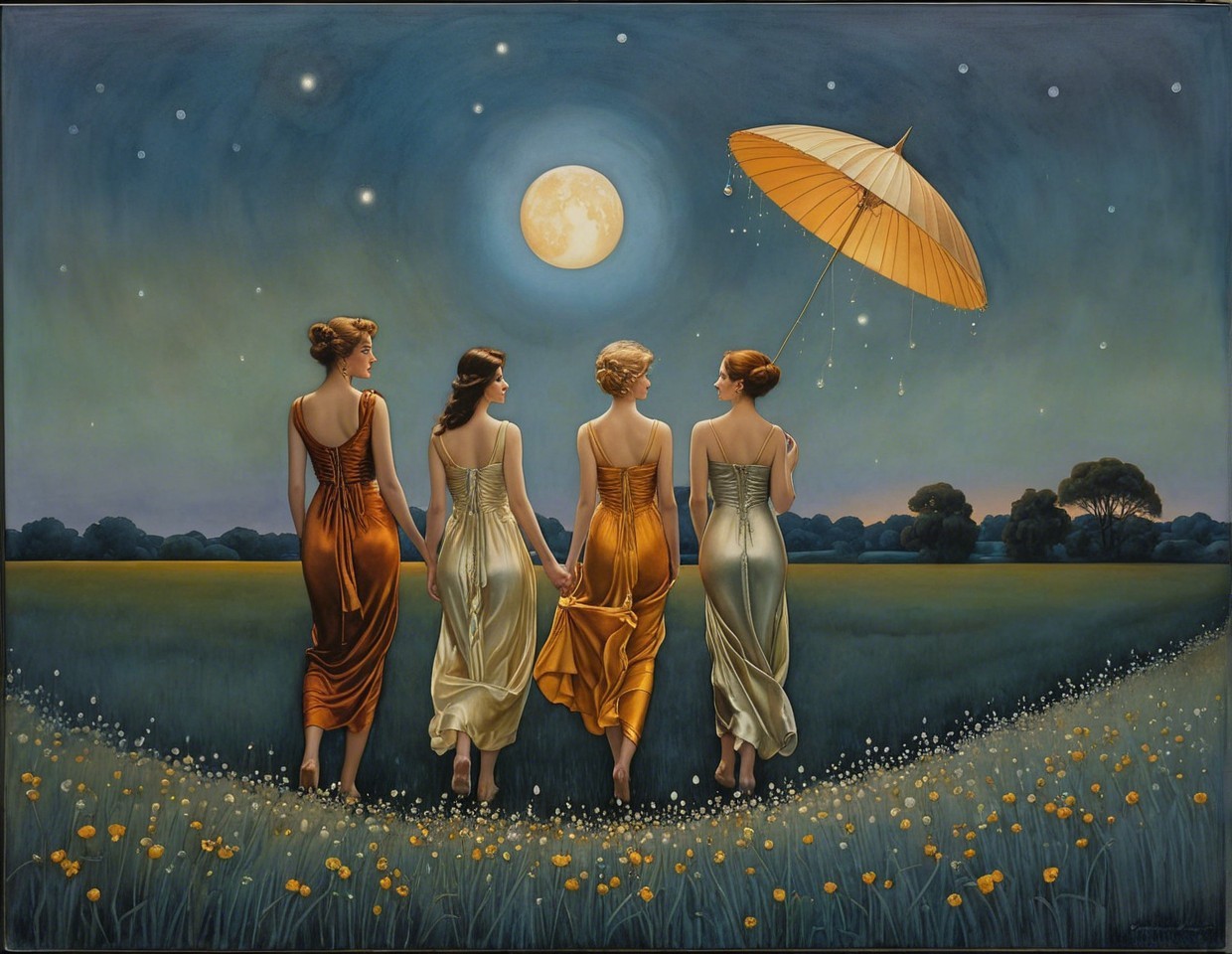 Women in Evening Gowns Walking in Moonlit Field
