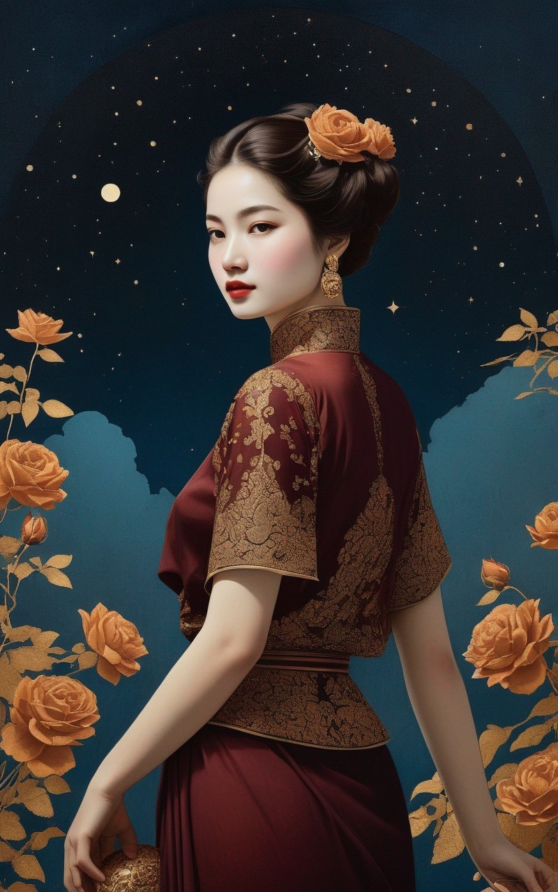 Woman in Traditional Outfit Against Starry Night Backdrop