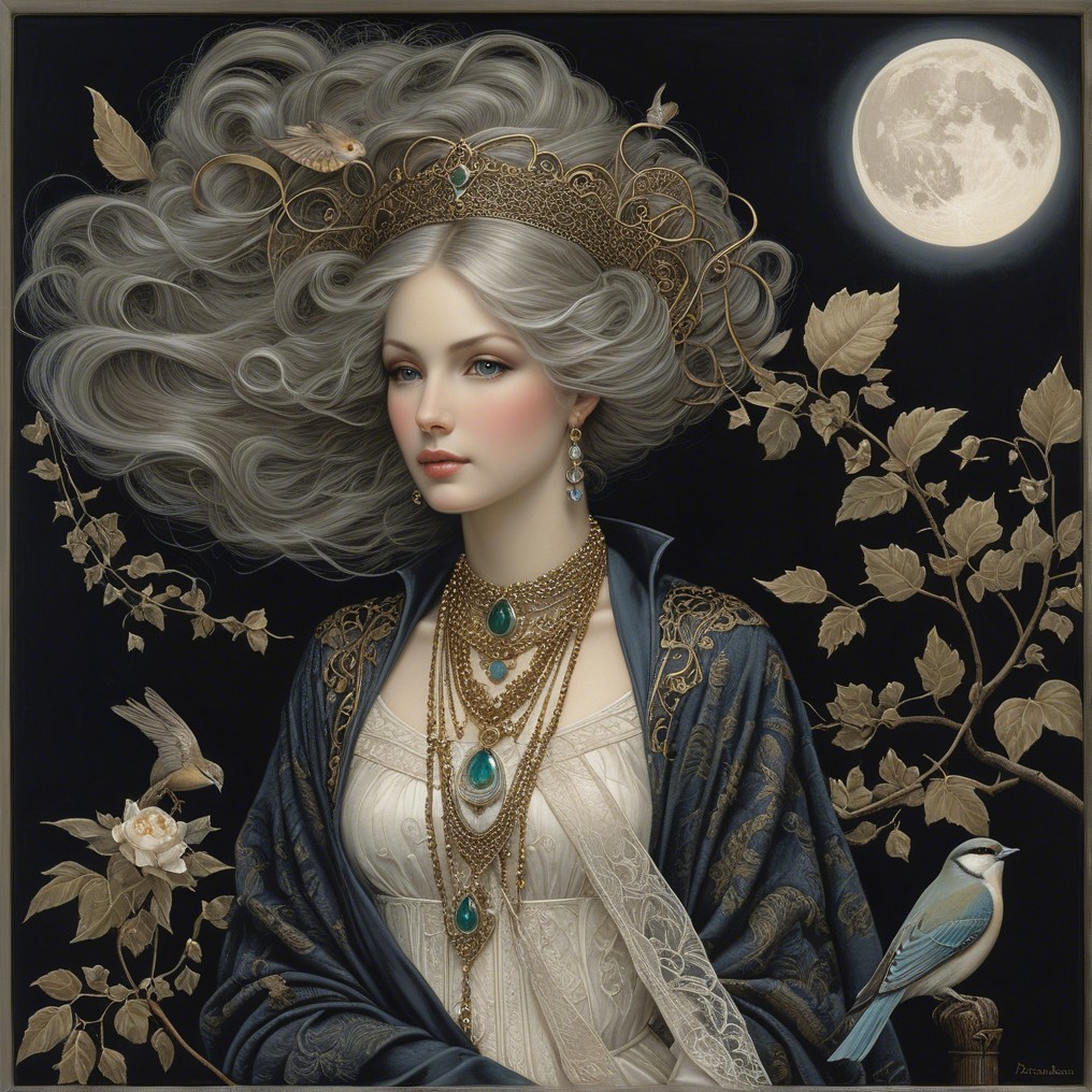 Regal Woman Portrait with Silver Hair and Moonlight