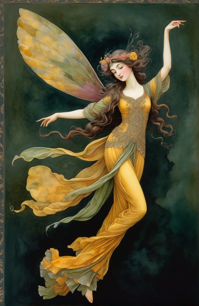 Ethereal fairy with translucent wings and floral crown