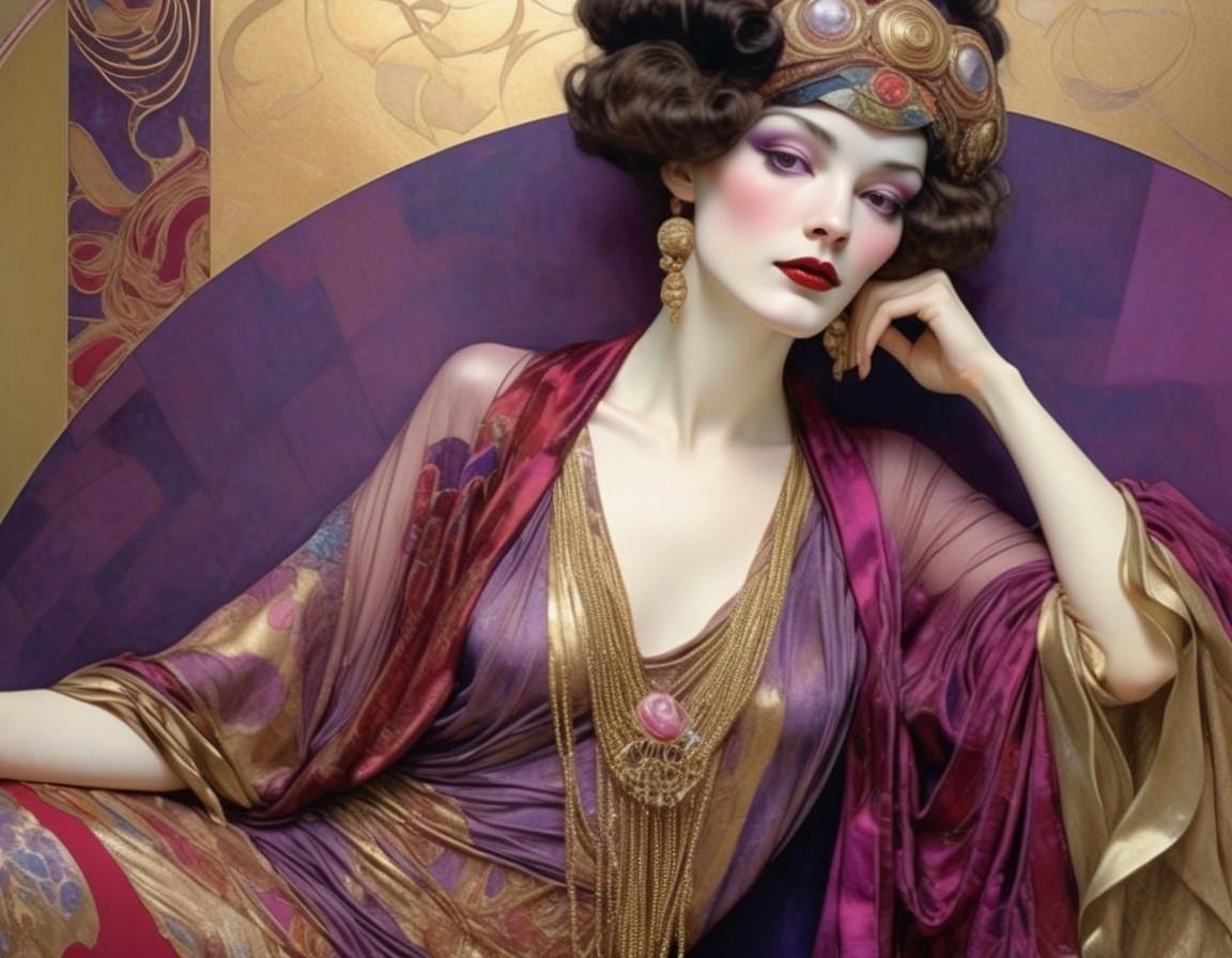 Detailed artistic illustration of woman in luxurious purple and gold attire.