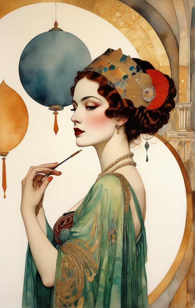 Poised woman with ornate headpiece and cigarette holder against warm tones and circular motifs