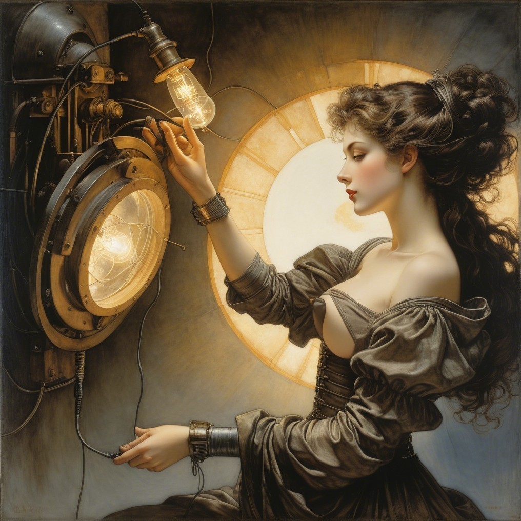 Vintage Woman Interacting with Industrial Illuminated Device