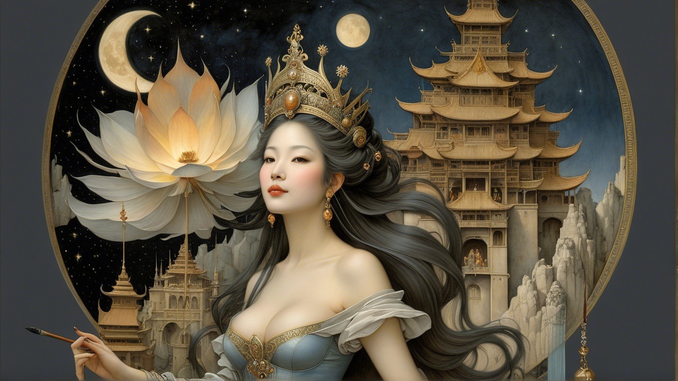 Serene figure with crown and pen amid blossoms and pagoda