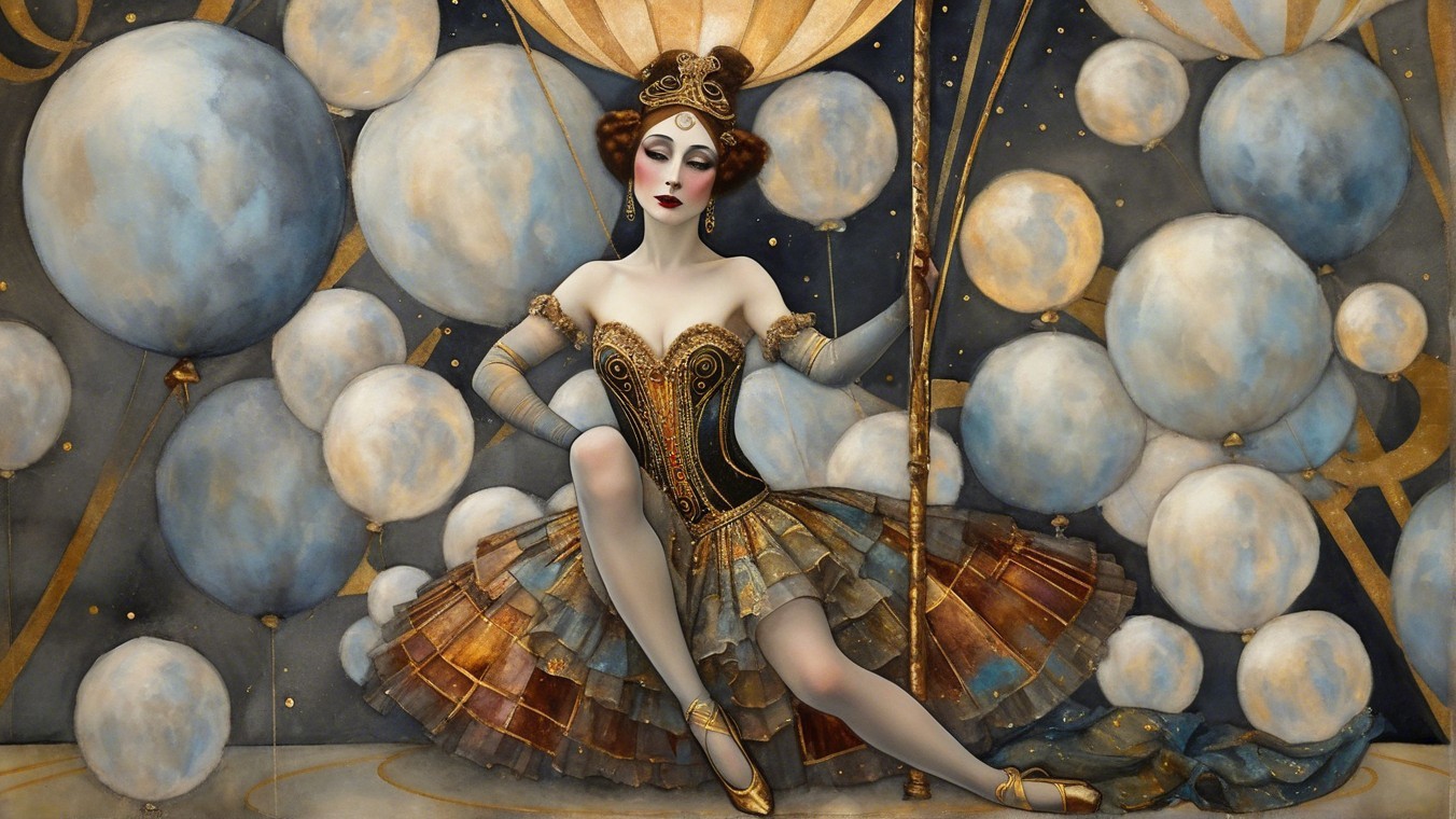 Whimsical Figure in Vintage Costume with Balloons