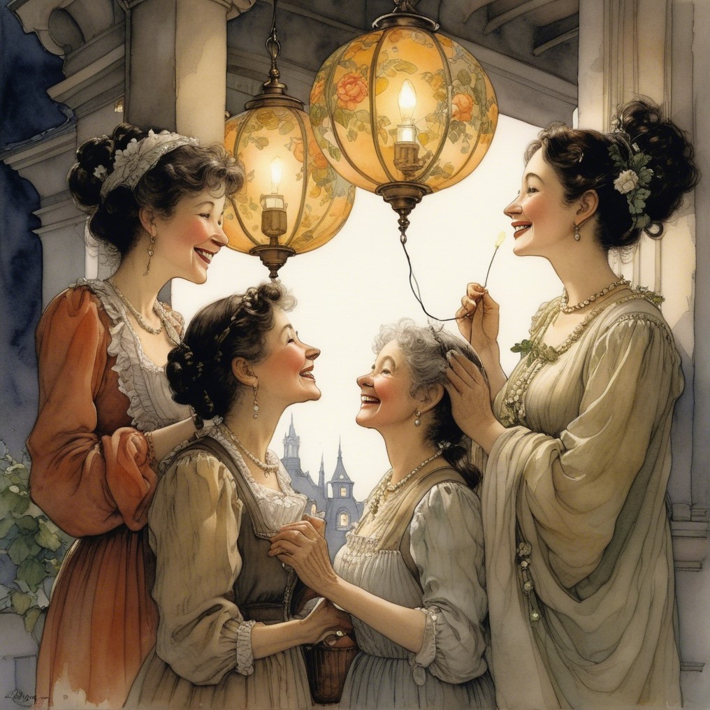 Evening Scene of Women Laughing on a Whimsical Porch