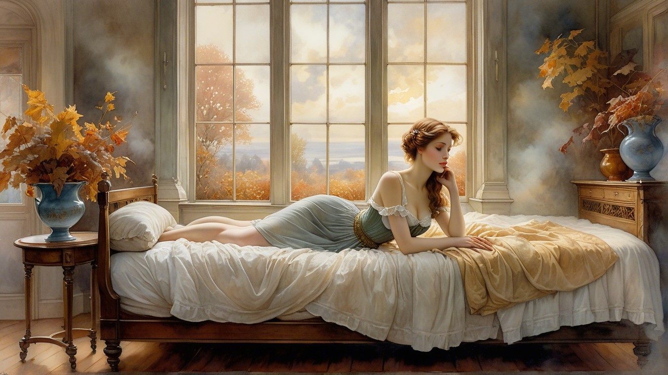 Serene Bedroom Scene with Autumn Landscape View