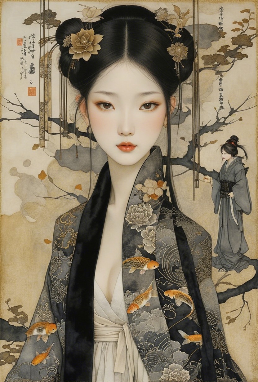 Artwork of a Woman in Floral Robe with Koi Fish