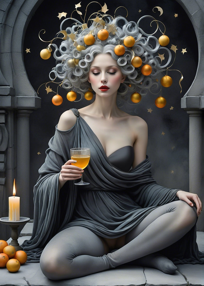 Serene Figure in Grey Garment with Orange Ornaments
