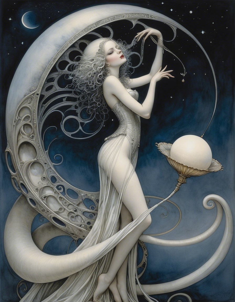 Ethereal figure in gown against starry night sky