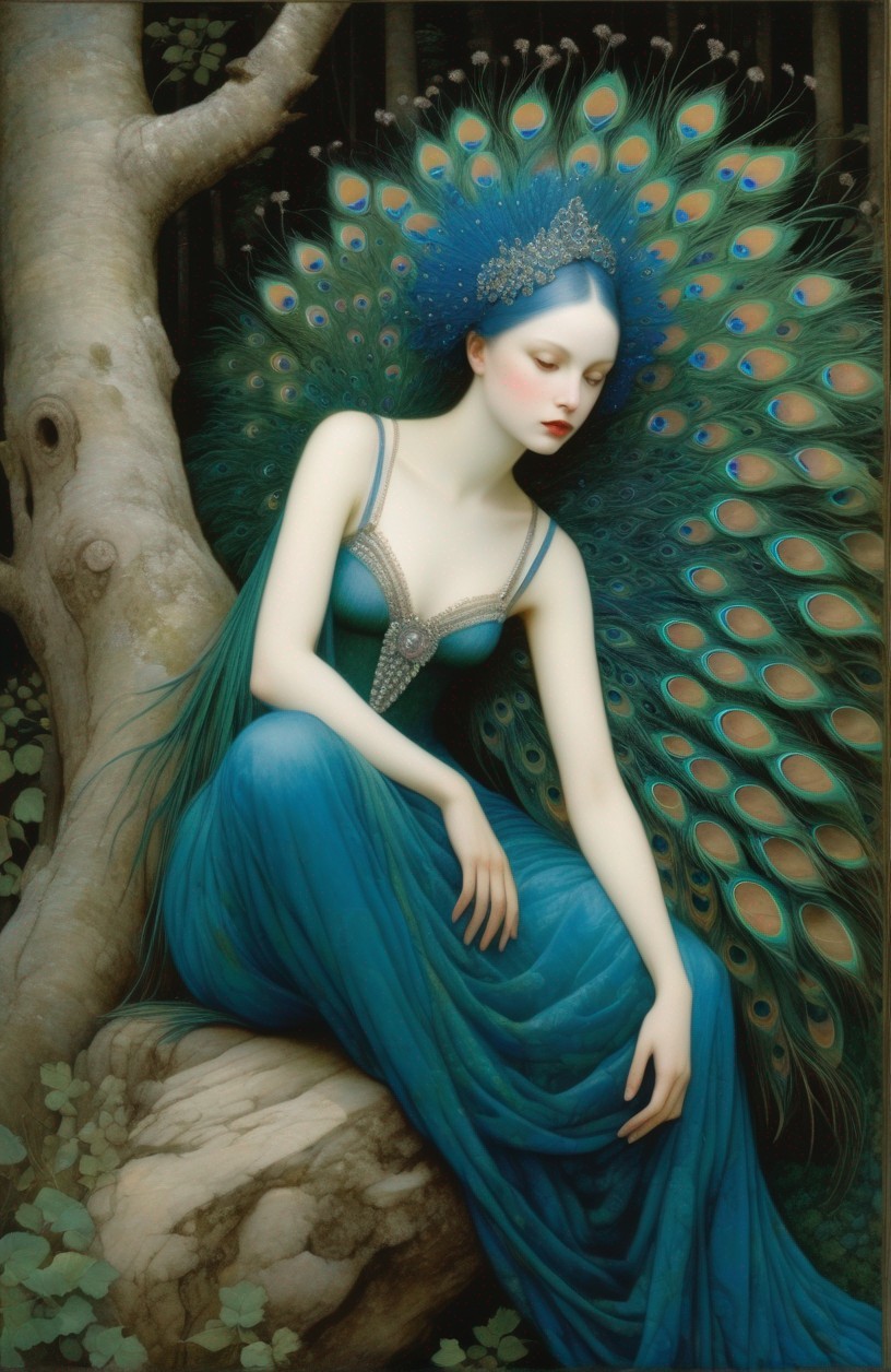 Woman with peacock headpiece sitting on tree in flowing blue gown.