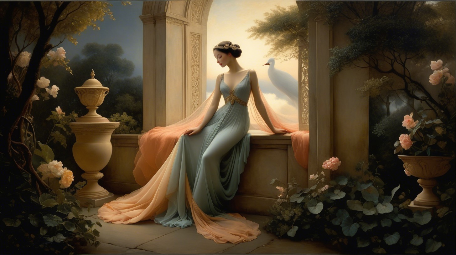 Young woman in gown seated in classical garden setting